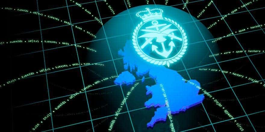 A globe, with an enlarged version of the UK in it's centre, with the British Armed Forces logo standing prominently above it. There is a web of security related words branching off the globe, moving to the outside of the image.