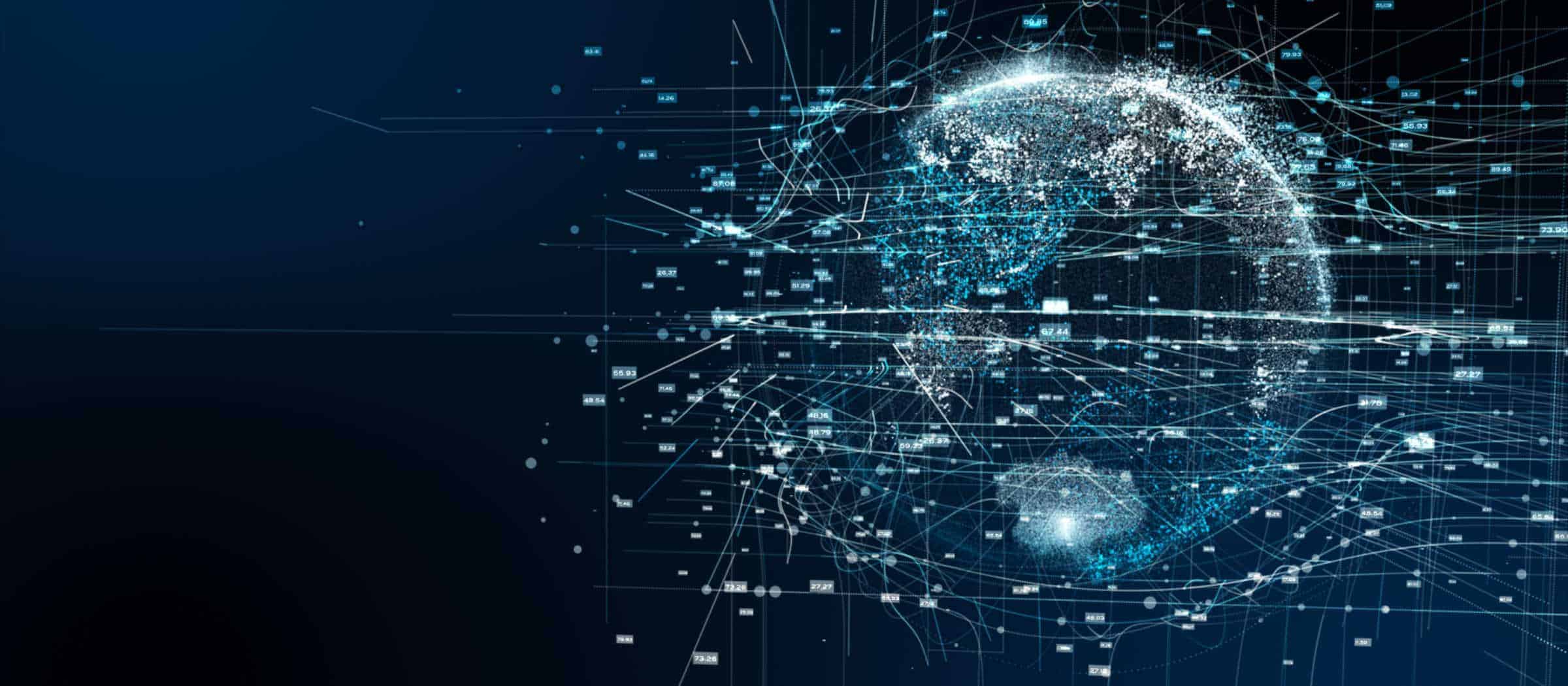 A digital interpretation of the globe, with a network of "wires and connections" floating around it. The globe sits on a dark navy background, and the globe and "network" around it, are all a fluorescent blue.