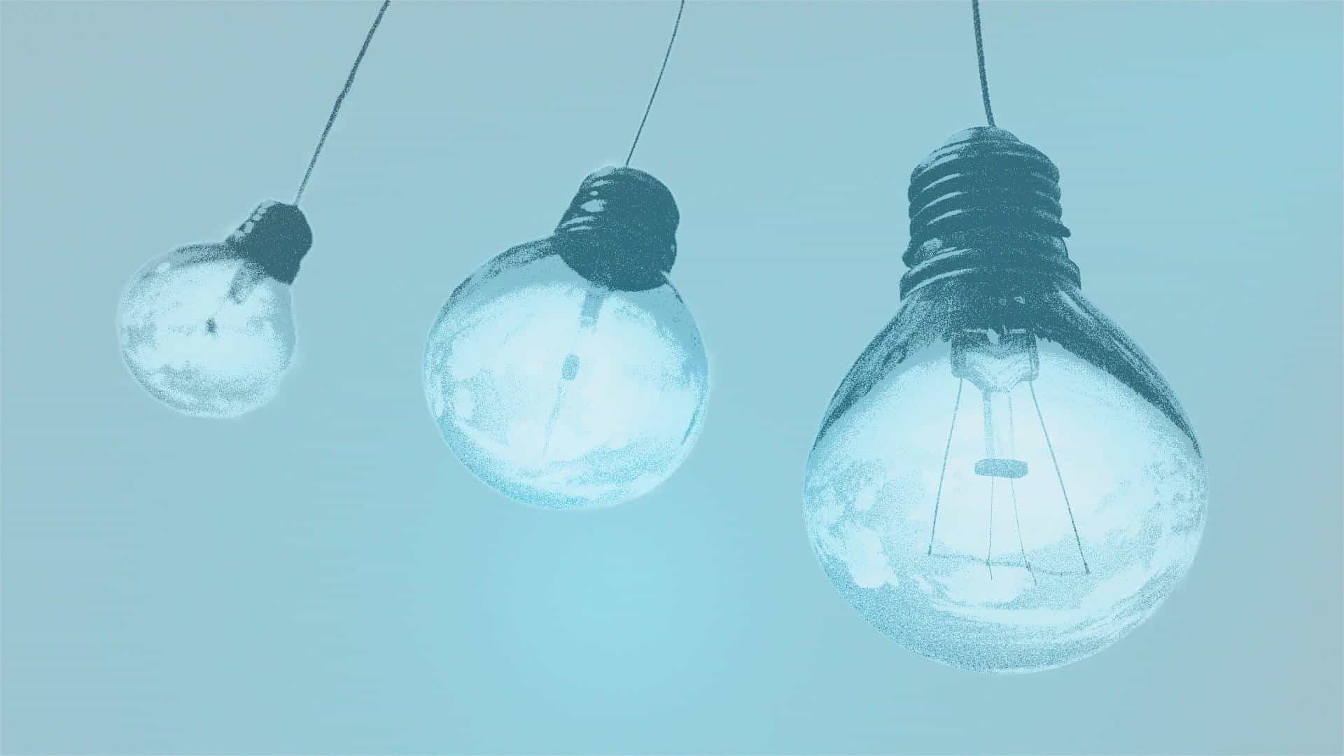 A turquoise blue background with 3 incandescent lightbulbs, growing larger from left to right, hanging from out of sight. This image is a metaphor for Innovation, and Deverell Innovation Ventures.