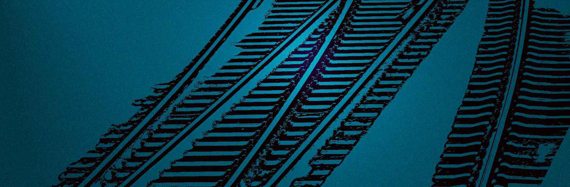 An interpretation of a number of intersecting railway tracks, on a blue, sketched background, starting at the bottom of the image, moving vertically away from you with a slight curve in the tracks.